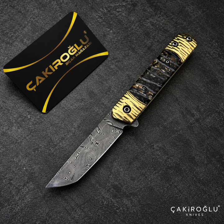 Limited Edition Stainless Damascus Steel Folding Knife with Mammoth Tusk Handle