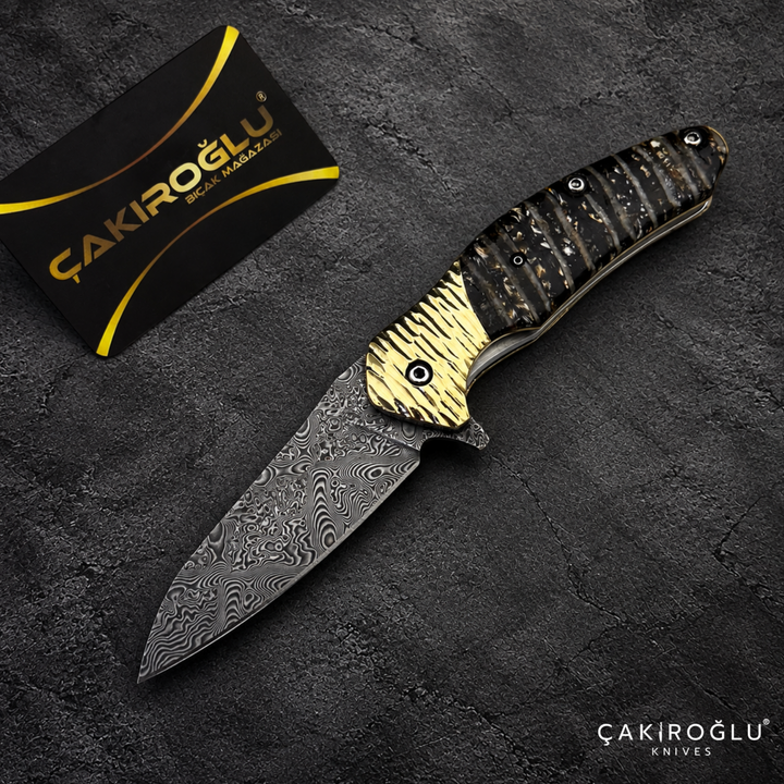 Limited Edition Stainless Damascus Steel Folding Knife with Mammoth Tusk Handle