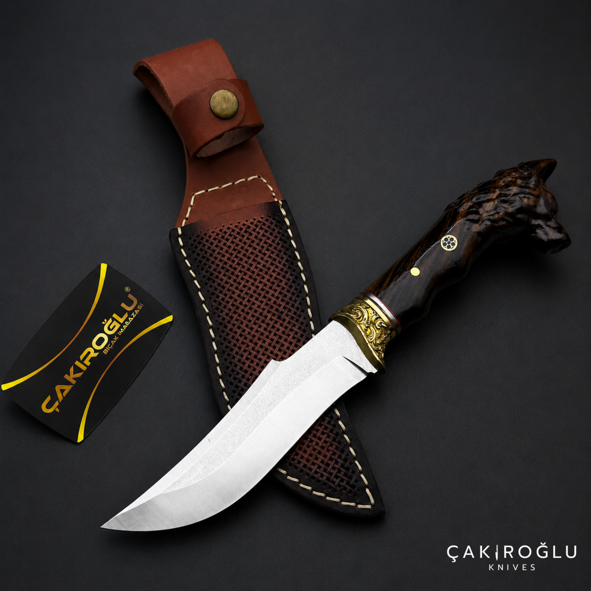 Wolf Head Custom Handmade Hunting Knife with Sheath, 4116 Stainless Steel