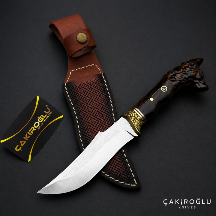 Wolf Head Custom Handmade Hunting Knife with Sheath, 4116 Stainless Steel