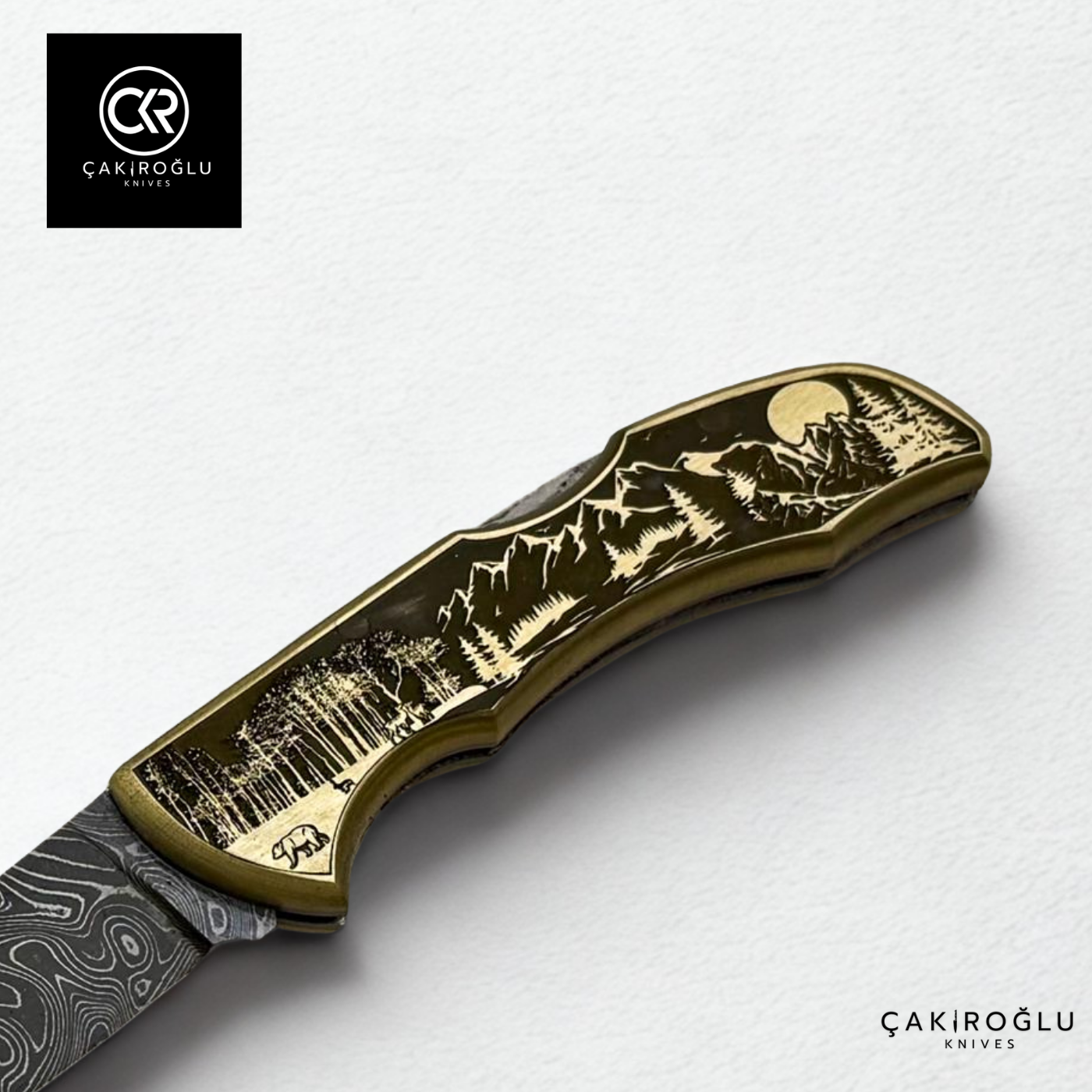 Showy Limited Edition Medium Size Handcrafted Custom-made Folding Collectible Knife - Damascus Steel & Engraved Brass Handle