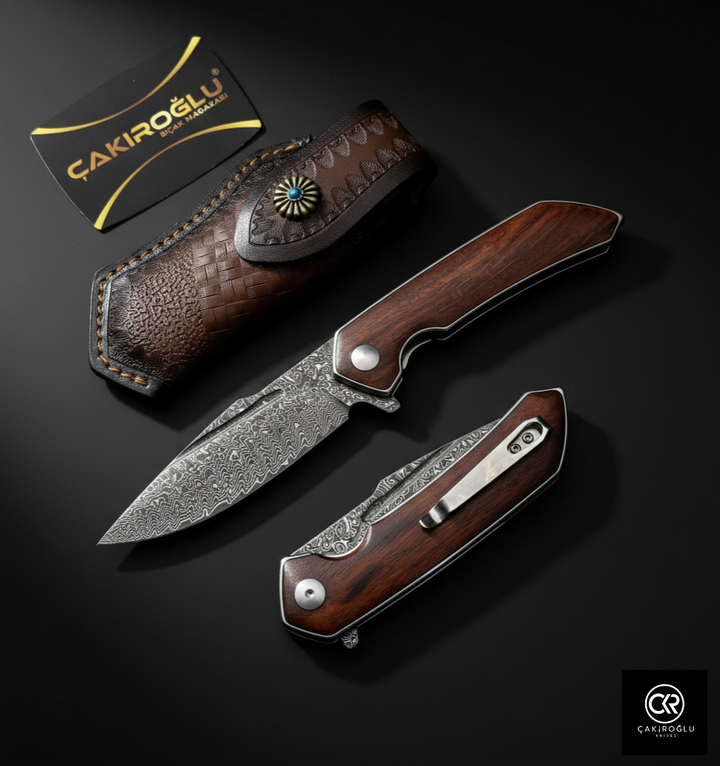 Damascus Steel Folding Knife with Cocobolo Handle