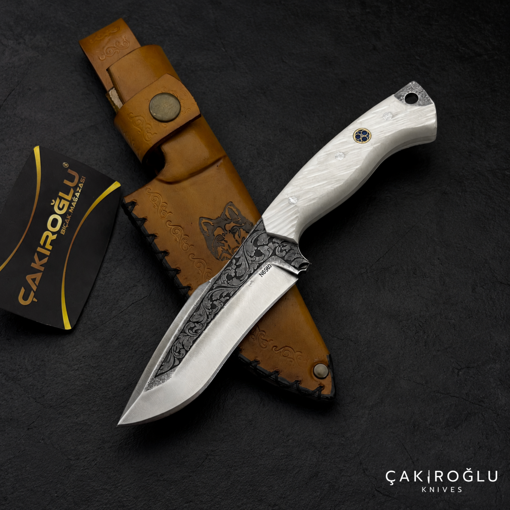 Custom Handmade Engraved N690 Hunting Knife with Sheath