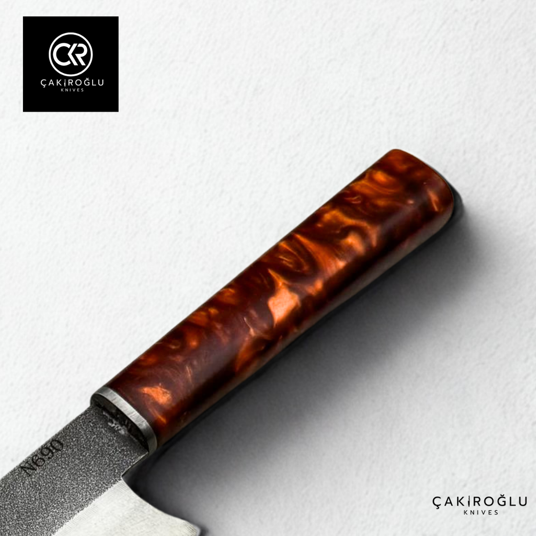 Santoku Model Handcrafted Chef Knife - N690 Böhler Steel & Epoxy Amber Handle