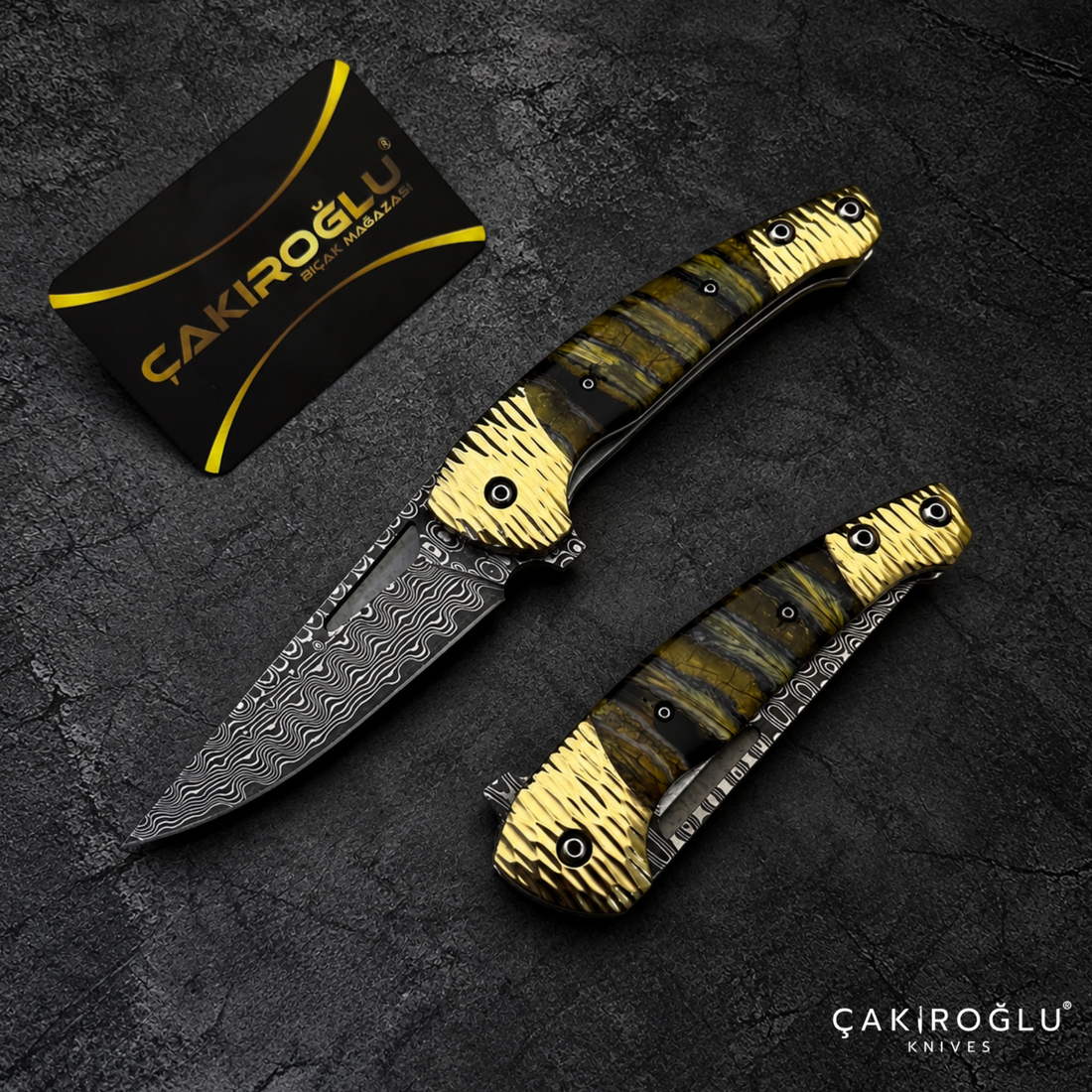 Limited Edition Stainless Damascus Steel Folding Knife with Mammoth Tusk Handle