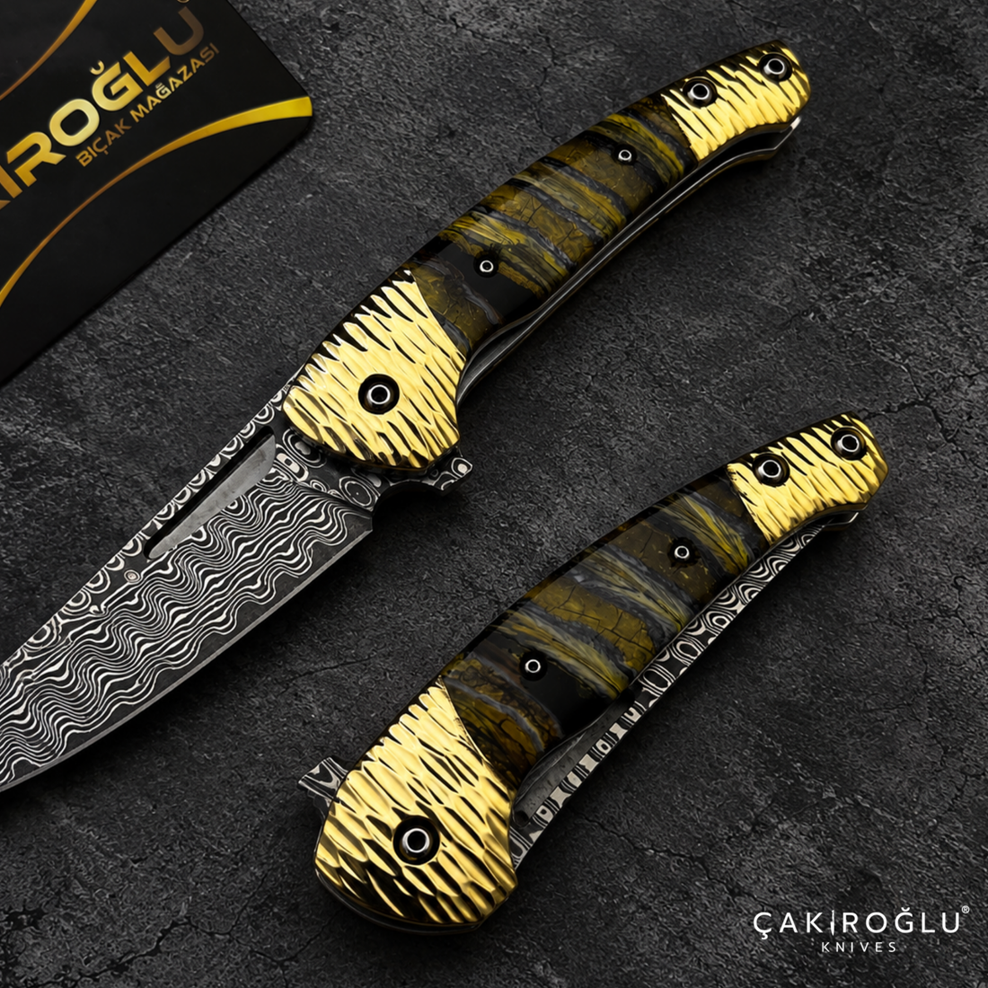 Limited Edition Stainless Damascus Steel Folding Knife with Mammoth Tusk Handle