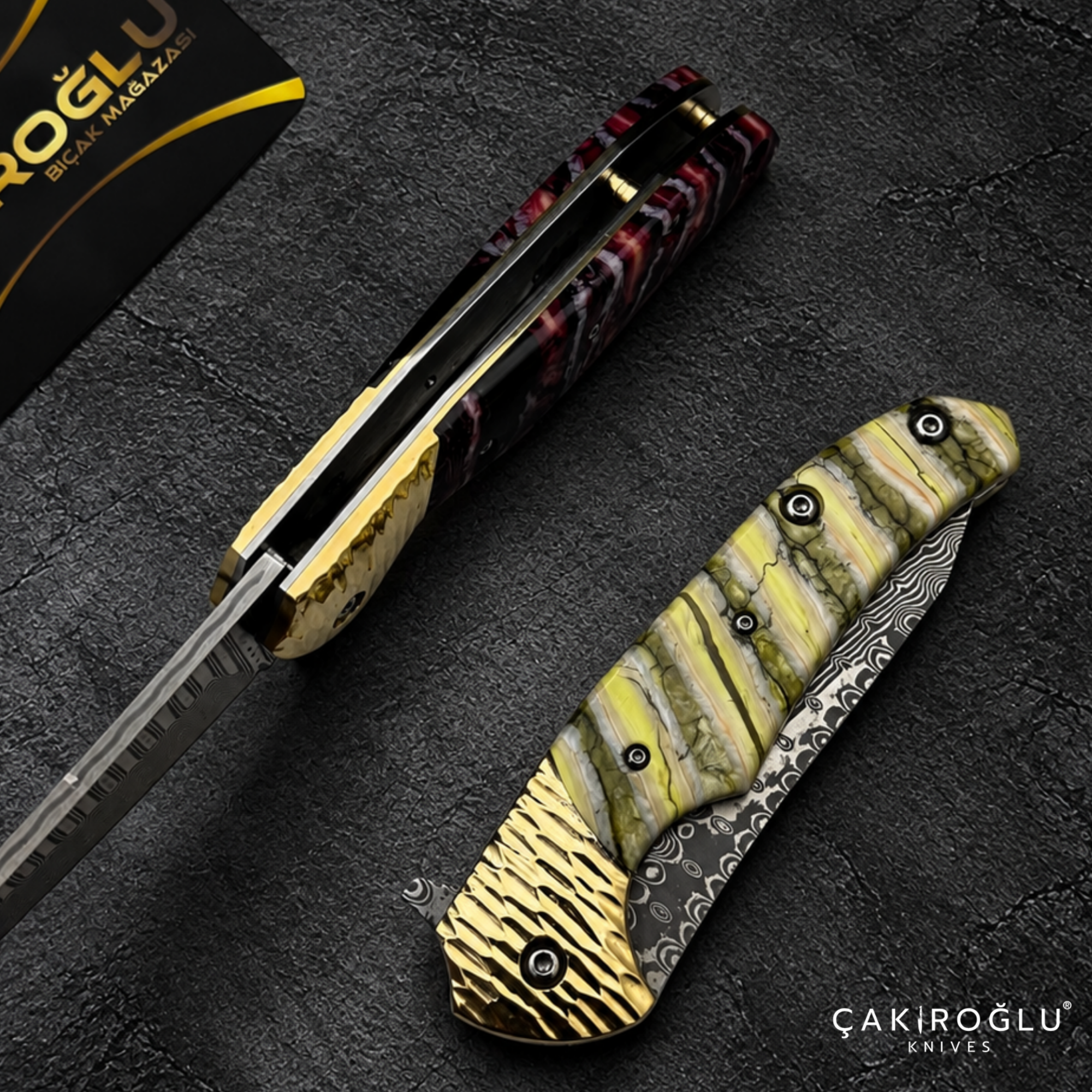 Limited Edition Stainless Damascus Steel Folding Knife with Mammoth Tusk Handle