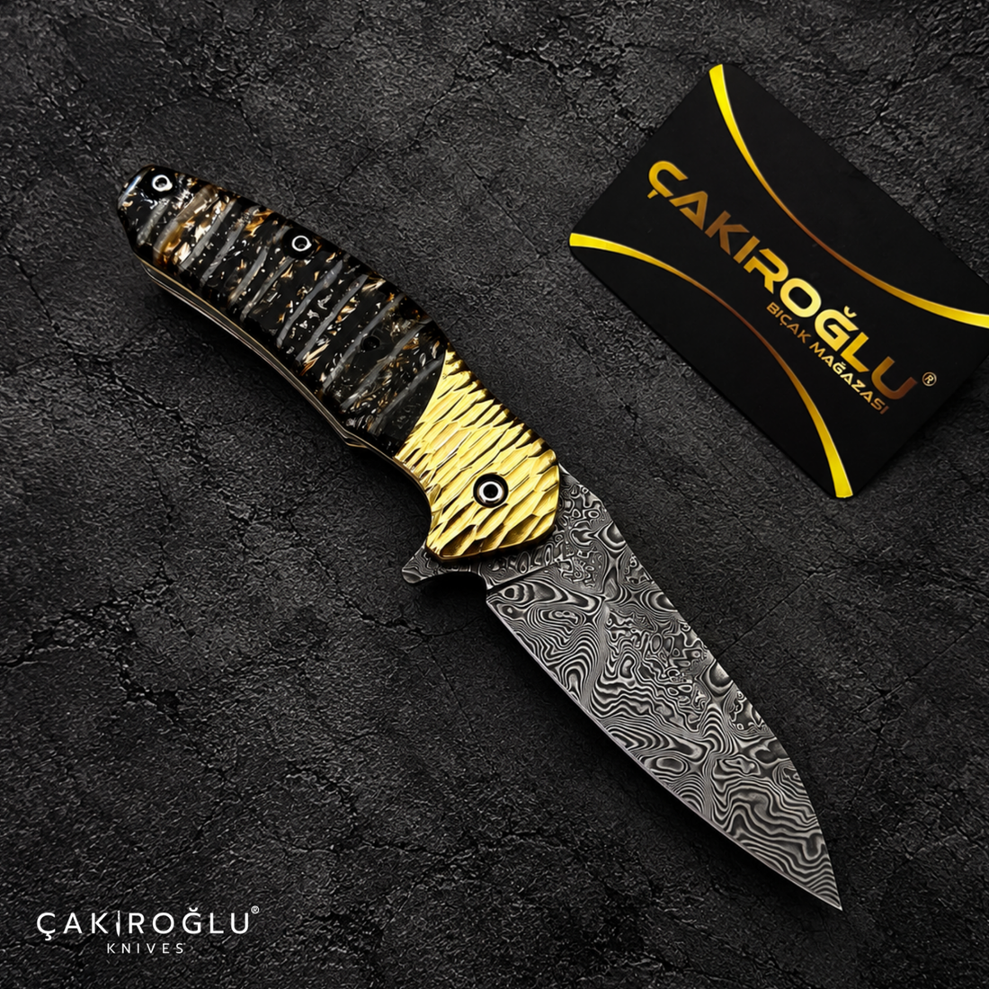 Limited Edition Stainless Damascus Steel Folding Knife with Mammoth Tusk Handle