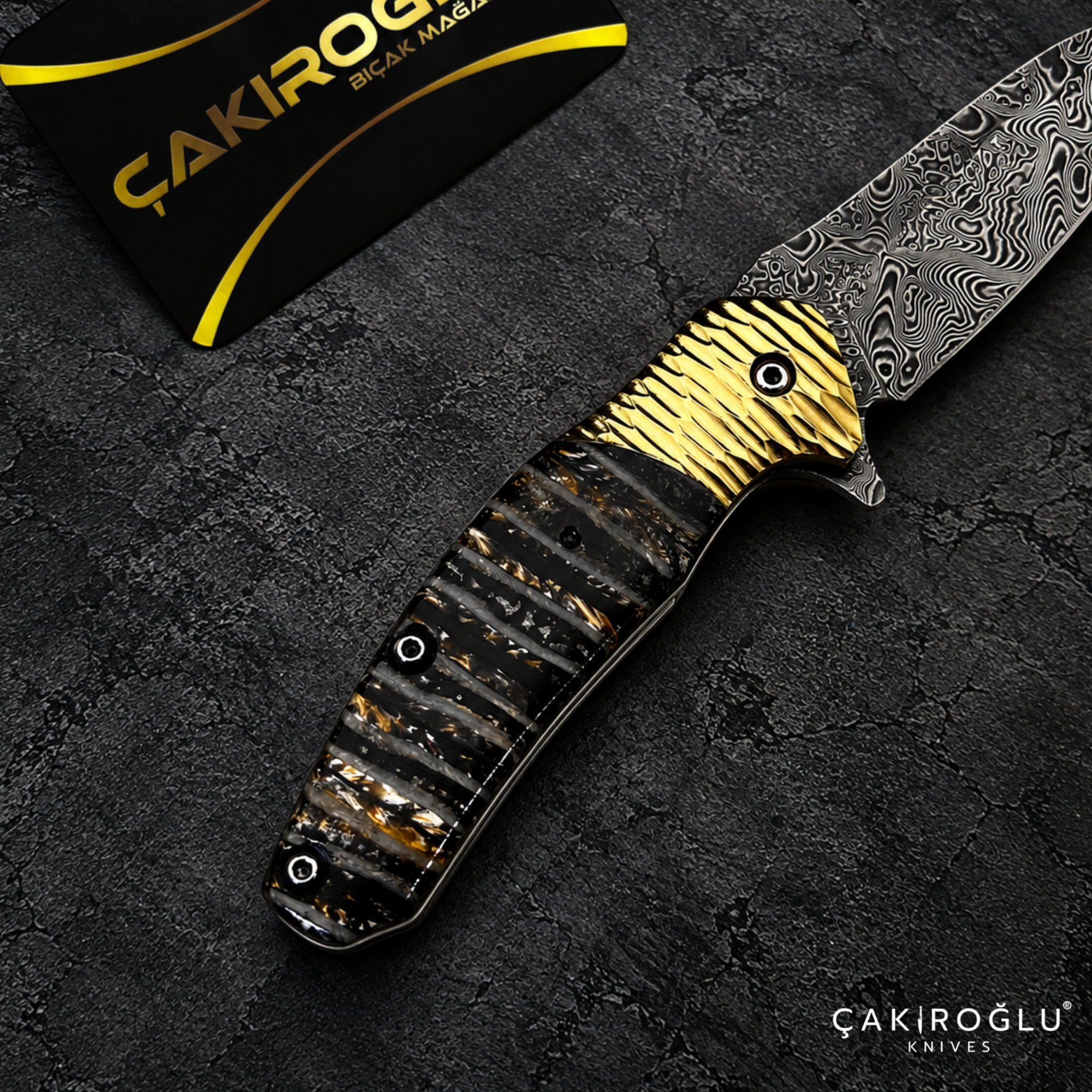 Limited Edition Stainless Damascus Steel Folding Knife with Mammoth Tusk Handle