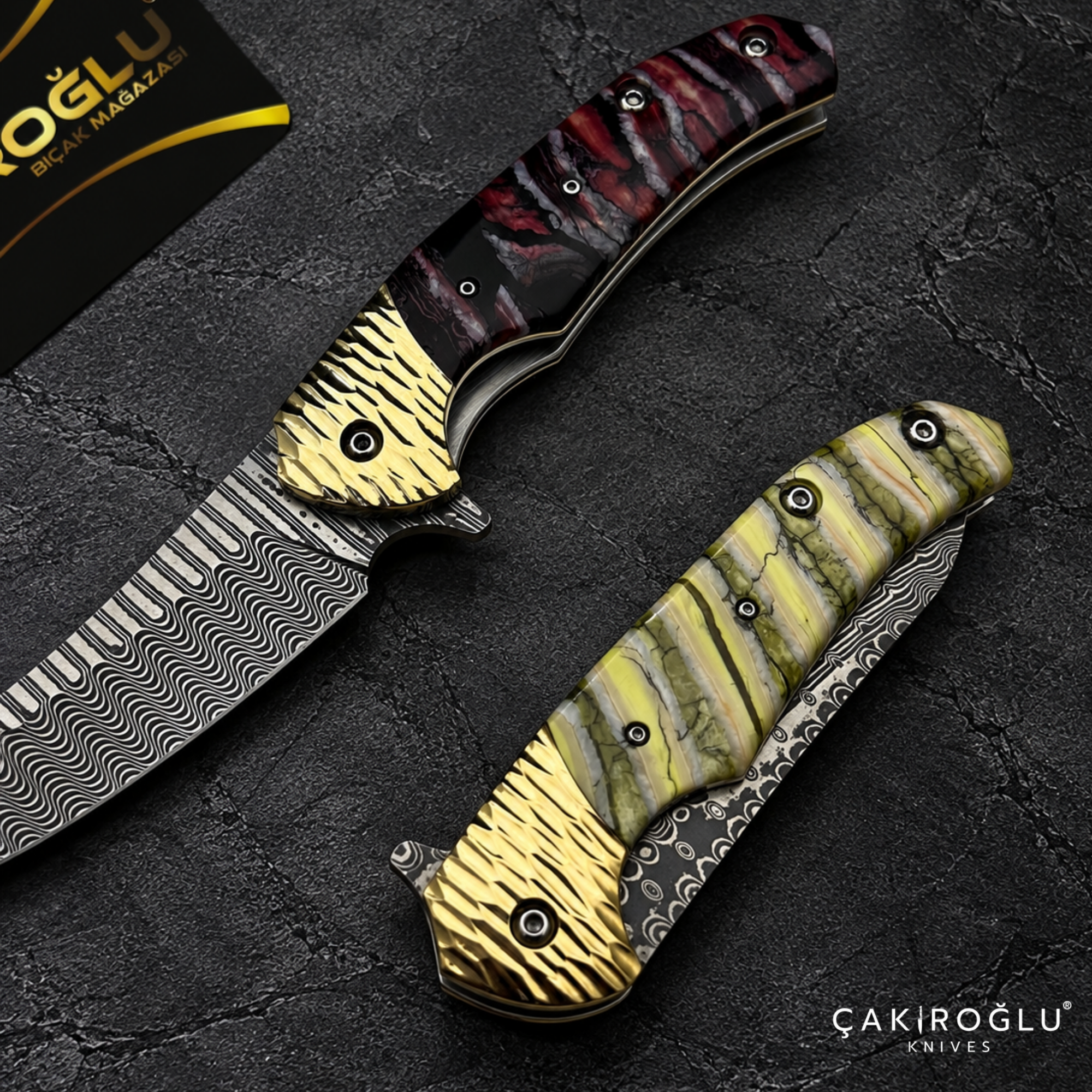 Limited Edition Stainless Damascus Steel Folding Knife with Mammoth Tusk Handle