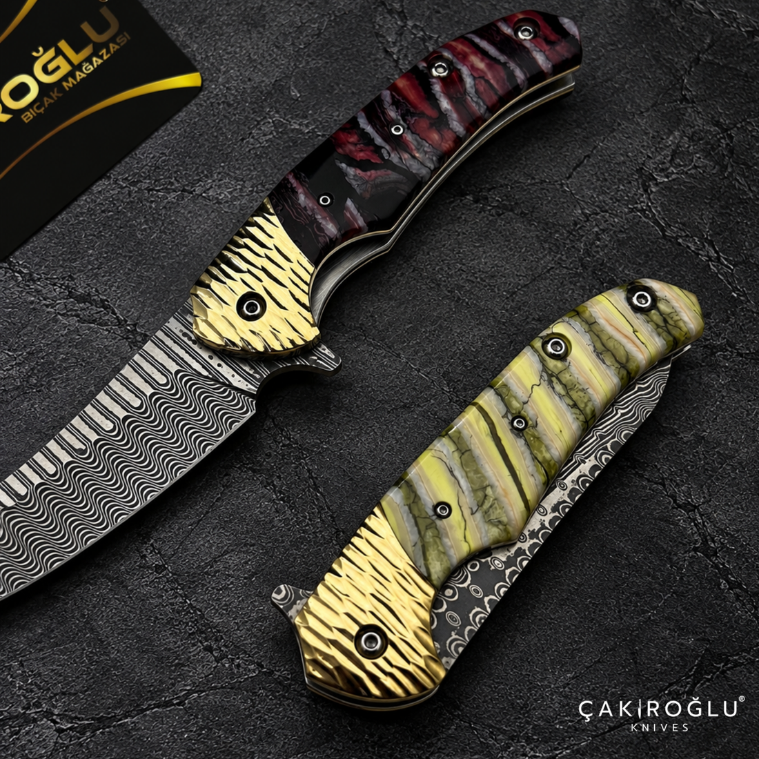 Limited Edition Stainless Damascus Steel Folding Knife with Mammoth Tusk Handle