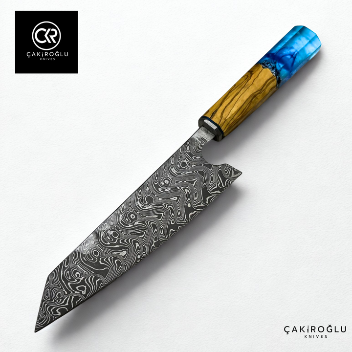 Damascus Steel & Epoxy Details Santoku Model Handcrafted Chef Knife - Limited Edition