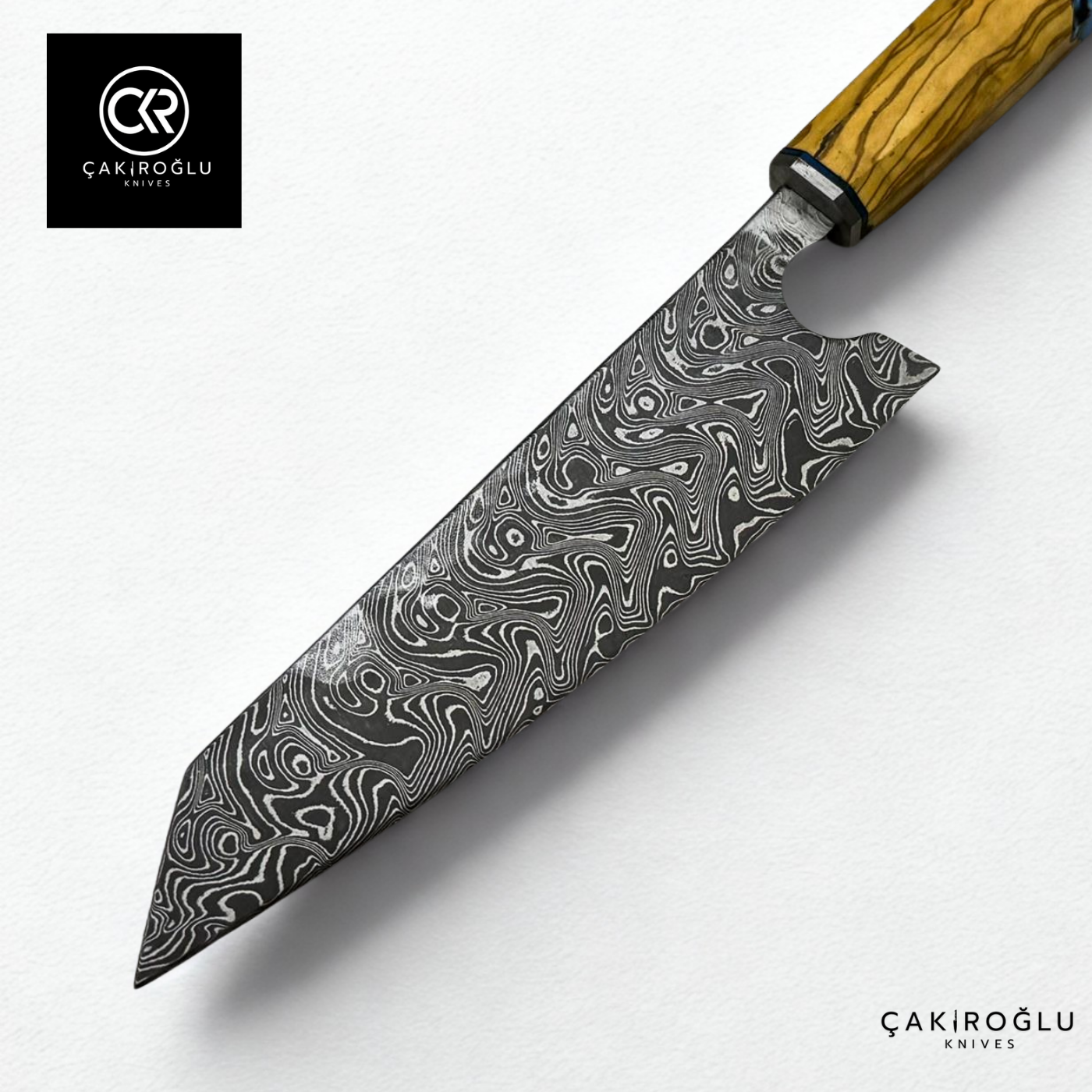 Damascus Steel & Epoxy Details Santoku Model Handcrafted Chef Knife - Limited Edition