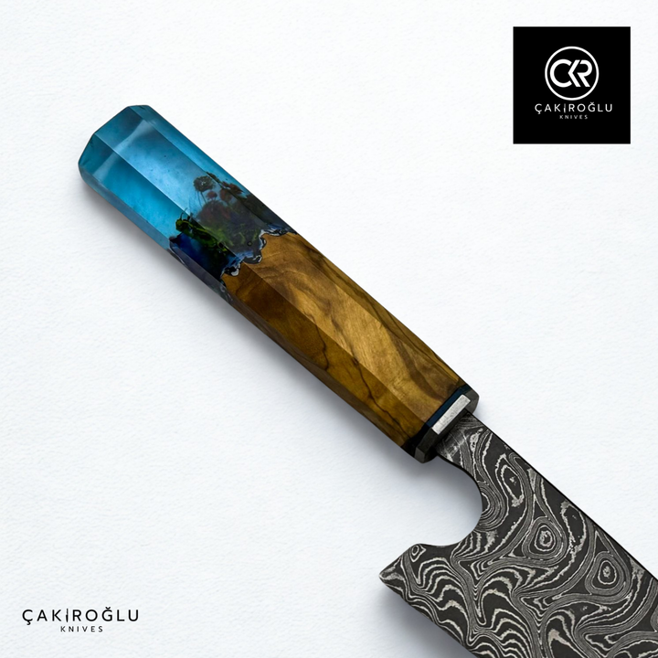 Damascus Steel & Epoxy Details Handcrafted Chef Knife - Limited Edition