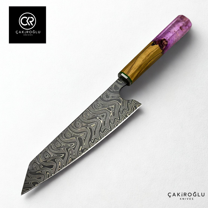 Damascus Steel & Epoxy Details Santoku Model Handcrafted Chef Knife - Limited Edition