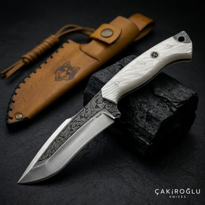 Custom Handmade Engraved N690 Hunting Knife with Sheath