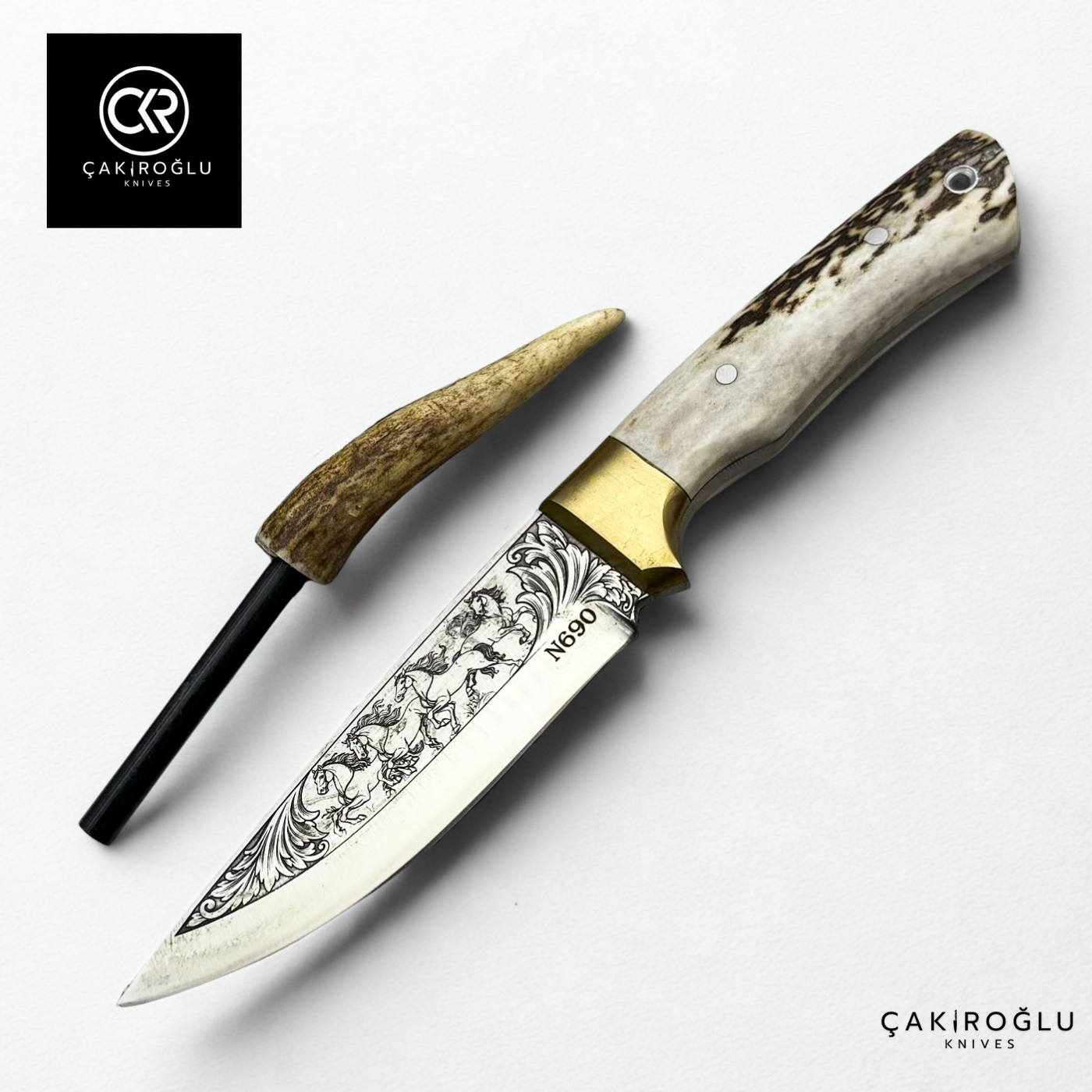 Handcrafted Custom Engraved Hunting Knife & Special Deer Antler Magnesium Bar