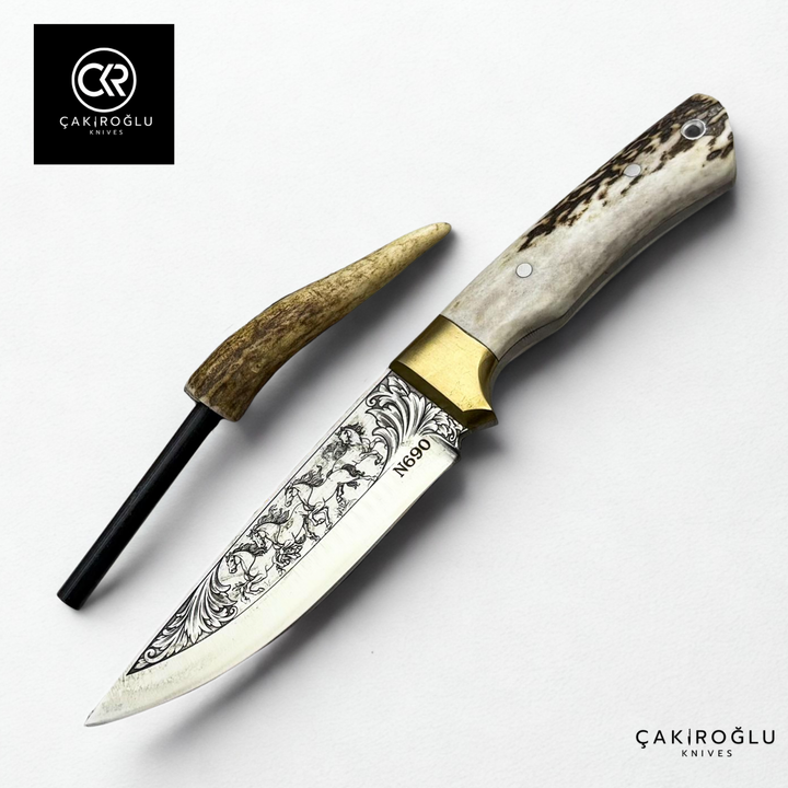 Handmade Custom Engraved Hunting Knife & Special Deer Antler Magnesium Bar