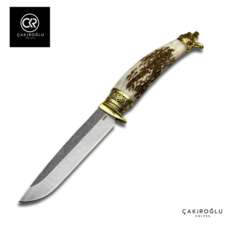 Handcrafted Custom Hunting Knife - Brass Wolf Details & Deer Antler Handle