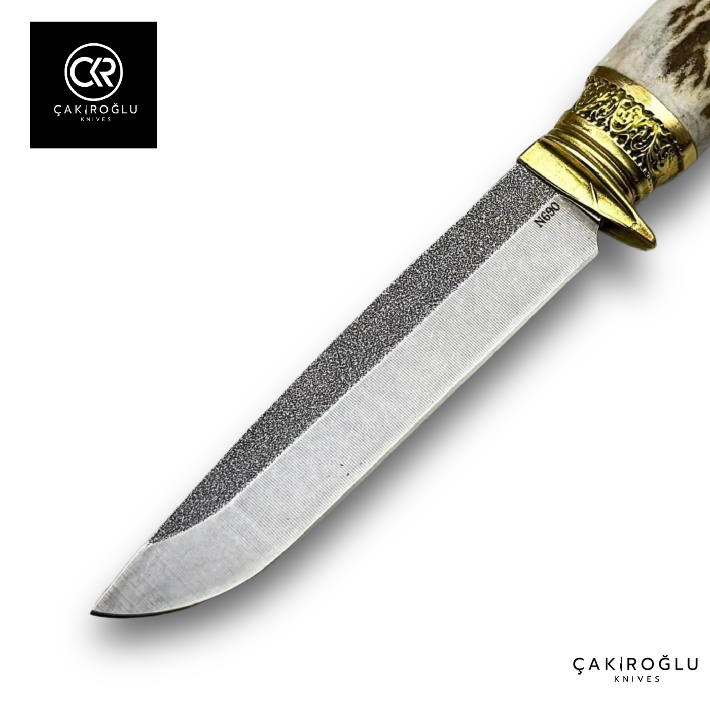Handcrafted Custom Hunting Knife - Brass Wolf Details & Deer Antler Handle N690 Steel