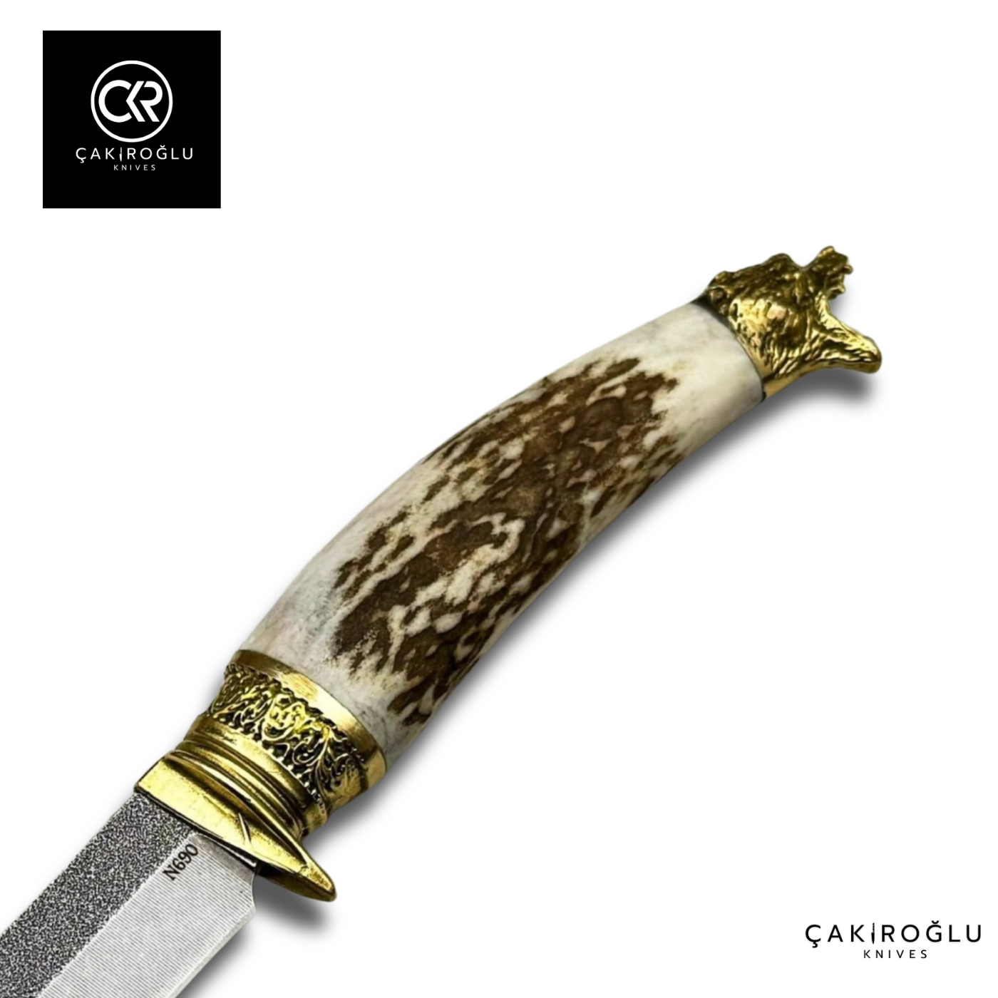 Handcrafted Custom Hunting Knife - Brass Wolf Details & Deer Antler Handle N690 Steel