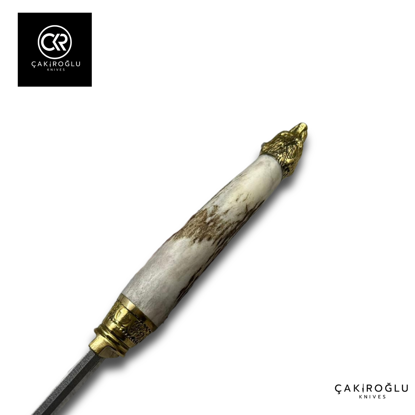 Handcrafted Custom Hunting Knife - Brass Wolf Details & Deer Antler Handle N690 Steel