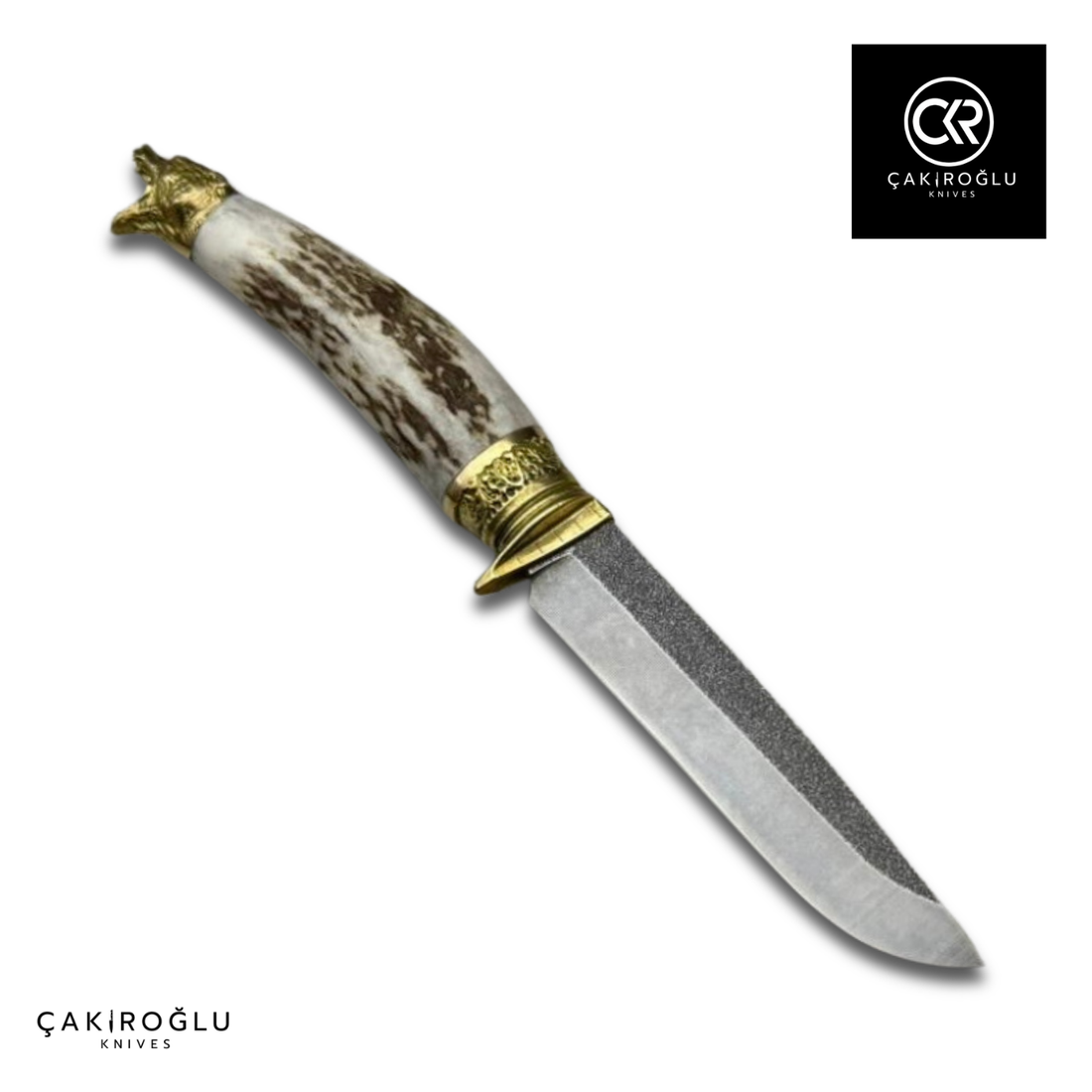 Handcrafted Custom Hunting Knife - Brass Wolf Details & Deer Antler Handle