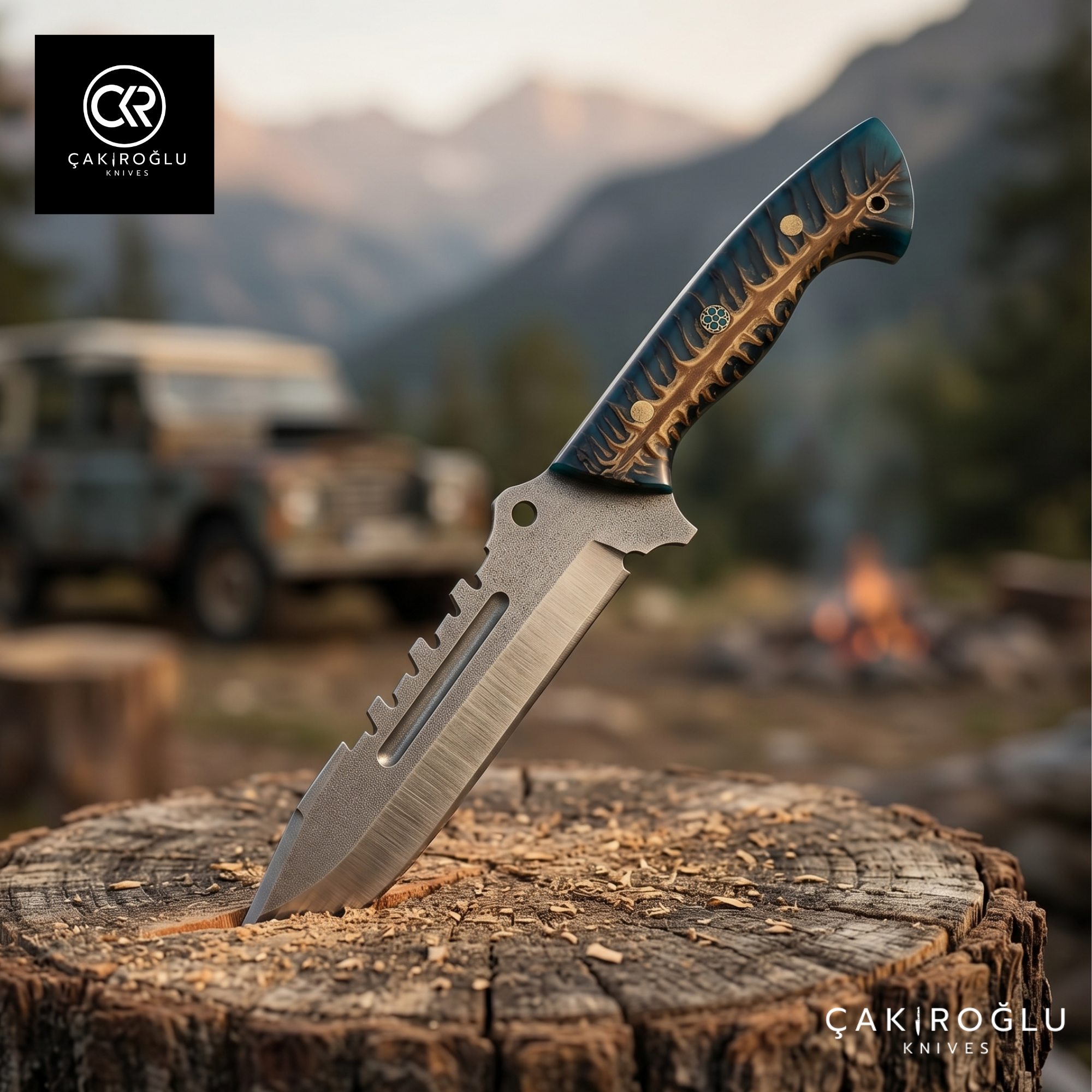Handmade Custom N690 Steel Hunting Knife, Epoxy Pine Cone Handle, Luxury Gift for Adventurers