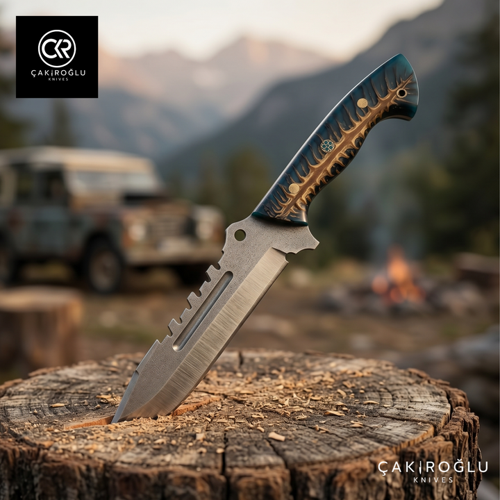 Handmade Custom N690 Steel Hunting Knife, Epoxy Pine Cone Handle, Luxury Gift for Adventurers